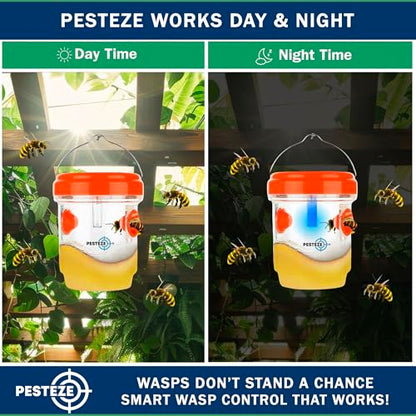 PESTEZE USA 2 Pack Reusable Solar Hanging Wasp Trap with LED Light [Orange, 3.5×4.4 in]–Attracts & Stop Wasps, Hornets, Yellow Jackets & Flying Insects Safely, Waterproof Outdoor Trap