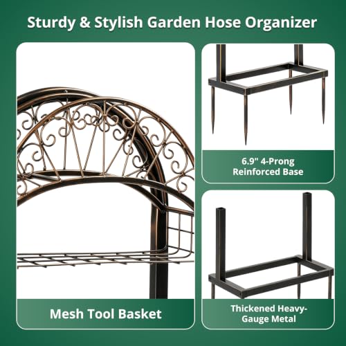 Heavy Duty Garden Hose Holder Stand, Freestanding Detachable with 4 Anchor Spikes, Storage Basket, Rustproof Steel, for Yard Lawn Patio