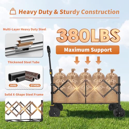 NWH 34'' Extra Long Collapsible Wagon, 380lbs Large Capacity Folding Wagons Carts with Wheels Foldable, Heavy Duty Utility Cart with All-Terrain Wheels for Beach Outdoor Grocery Camping Garden - size: 150L