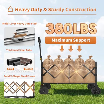 NWH 34'' Extra Long Collapsible Wagon, 380lbs Large Capacity Folding Wagons Carts with Wheels Foldable, Heavy Duty Utility Cart with All-Terrain Wheels for Beach Outdoor Grocery Camping Garden - size: 150L