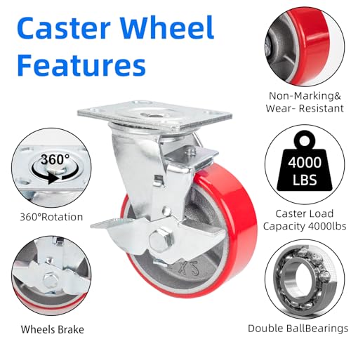 Nefish 5 Inch Industrial Casters Set of 4, Heavy Duty Casters with Brake 4000 Lbs, No Noise Polyurethane Wheel on Steel Hub, Swivel Plate Caster Wheels for Toolbox Workbench (4 Swivel & Brakes) - size: 5 IN （Brake）