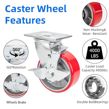 Nefish 5 Inch Industrial Casters Set of 4, Heavy Duty Casters with Brake 4000 Lbs, No Noise Polyurethane Wheel on Steel Hub, Swivel Plate Caster Wheels for Toolbox Workbench (4 Swivel & Brakes) - size: 5 IN （Brake）