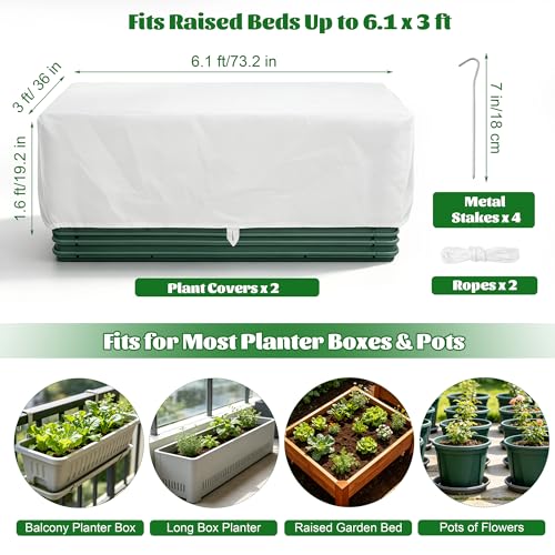 Hahood 2 Pack Plant Covers Freeze Protection with Ground Stakes, 6.1 x 3 x 1.6 FT Rectangular Raised Garden Bed Cover with Drawstring Reusable Frost Cloth for Winter Outdoor Plants - size: 6.1 x 3 x 1.6FT