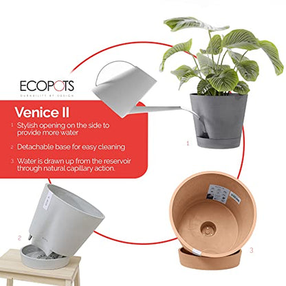 Ecopots Venice 2 Round Flower Planter with Water Reservoir, White Grey, 8" - color: White Grey, size: 8"