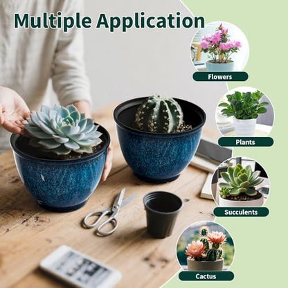 8 Inch Plant Pots Indoor Outdoor, Glazed Plastic Planter with Drainage - color: Blue