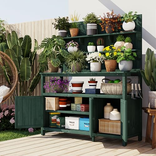 Christopher Knight Home Belfast 50.20" W Outdoor Potting Bench Table, Fir Wood Potting Table, Large Gardening Workstation with Storage Shelf, Ample Space Garden Tools Organizer for Backyard, Green