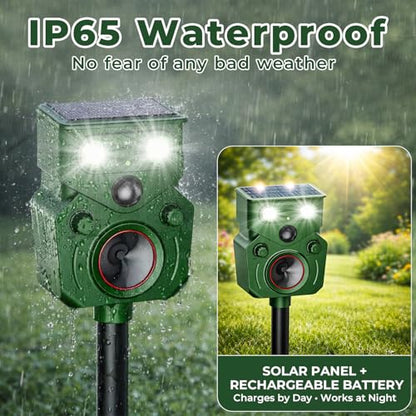 Solar Ultrasonic Animal Repellent Outdoor – Motion Activated, IP65 Waterproof, Designed to Discourage Unwanted Animals in Yard – Deer, Coyote, Cats, Squirrel, Raccoon with LED Flashing Lights