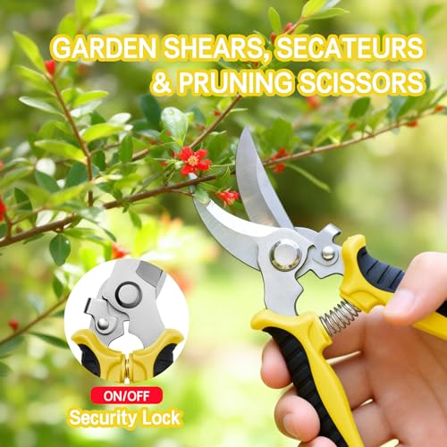3PCS Garden Pruning Shears Set - Heavy Duty Bypass Pruners, Sharp Stainless Steel Gardening Scissors with Ergonomic Handle, Secateurs for Plants, Flowers, Fruit Trees, Bush Trimming (Yellow) - color: Yellow