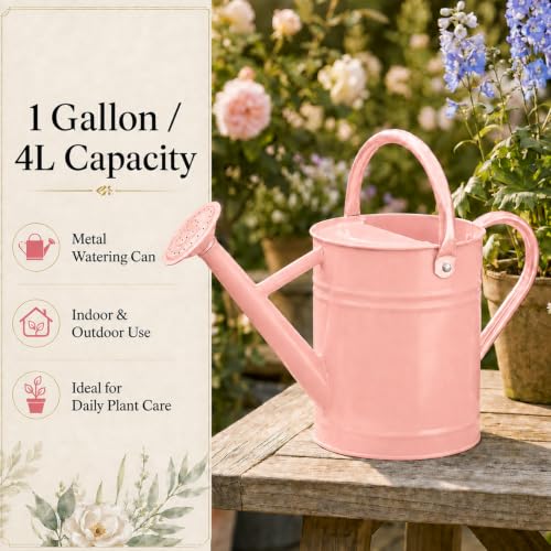 1 Gallon Metal Watering Can for Indoor Outdoor Plants, Pink - color: Pink