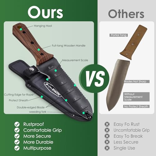 PERWIN Hori Hori Garden Knife, Garden Tools with Sheath for Weeding, Planting, Digging, 7" Stainless Steel Blade with Cutting Edge, Full-Tang Walnut Wood Handle with Hanging Hole - size: 7"