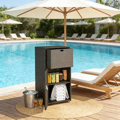 23.6" Outdoor Storage Shed, Rattan Pool Towel Rack Cabinet with Top Drawer - color: Dark Brown