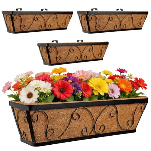 24 Inch Window Box Planter with Adjustable Brackets for Hanging Outdoor Plants, 4 Pack Railing Planter Boxes with Coco Liners for Balcony Deck Porch & Patio Garden Decor, Black - size: 4 Pack, style: Scrollwork