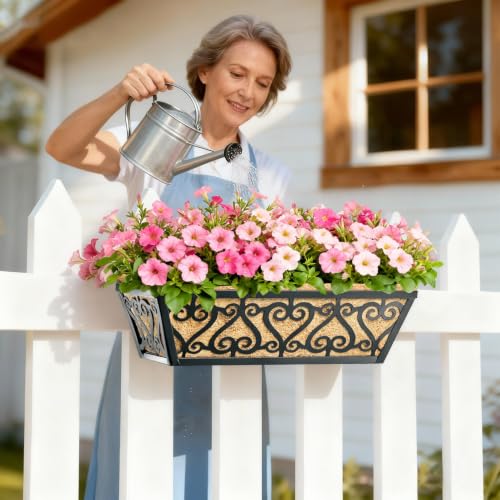 4 Pack 16 Inch Deck Railing Planter Box - Window Boxes Planters with Adjustable Brackets Coco Liners Balcony Planters Railing Hanging for Window Flower Boxes Outdoor Garden Decor - size: 16 Inch