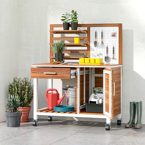 Seville Classics Home 48" Outdoor Garden Potting Bench Table – Heavy Duty Workstation, w/Cabinet, Drawer & Open Shelf, Acacia Wood & Steel Frame, White, 48" W x 25" D - color: White