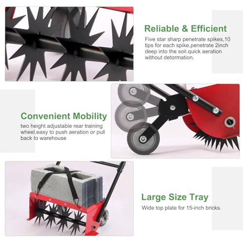 Rolling Lawn Aerator,16.5 in Push Spike Aerator with Side skids,Aerator Lawn Tool with Rear Wheel, 2026 Style Rotary Aeration Tool for Lawn, Garden and Yard,Grass Aeration for Care compacted Soil