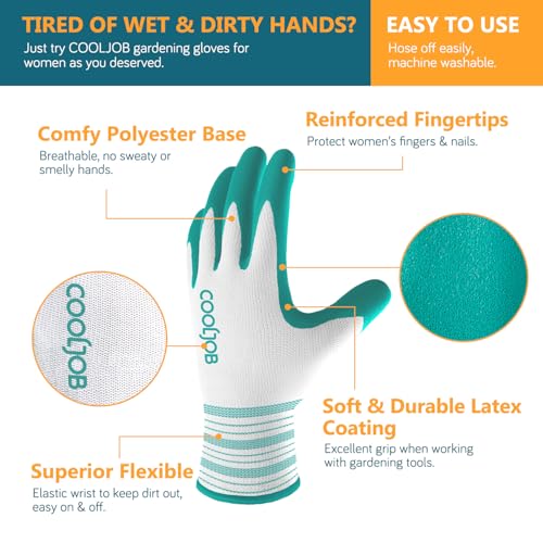 COOLJOB 2 Pairs Gardening Gloves for Women Ladies, Breathable Rubber Coated for Yard Garden, Outdoor Indoor Protective Work with Grip, Small Size, Red & Green - color: Bright Red, Mint Green, size: Small (Pack of 2)