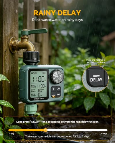 Programmable Water Timer for Garden Hose, Outdoor Sprinkler Timer with Rain Delay & Manual Mode,Inlaid Brass Connector Irrigation Controller for Lawn Yard Landscape, 1 Outlet Large LCD Display