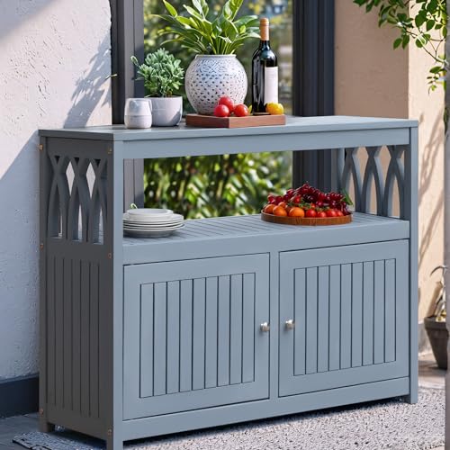 Flamaker Acacia Wood Outdoor Storage Cabinet,Waterproof Potting Table,Gray - color: Grey
