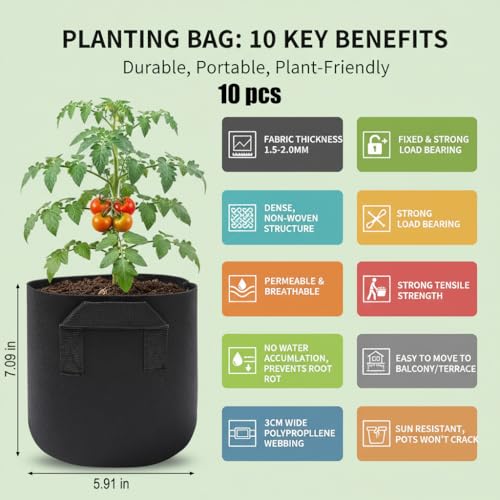10pcs Gallon Black Grow Bags - Reinforced Fabric Planters with Handles for Gardening, Breathable & Durable Garden Raise Supplies, Ideal for Indoor & Outdoor Vegetable Gardens