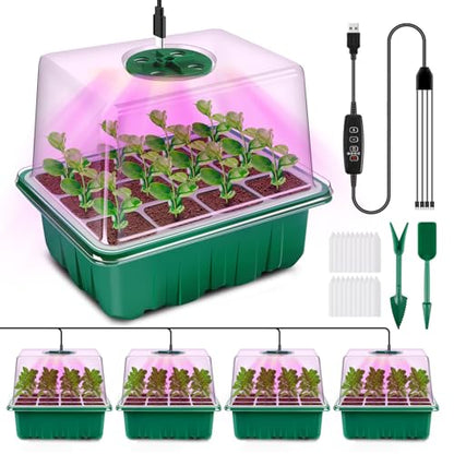 YAUNGEL Seed Starter Tray with Grow Light, 4 Pack Seed Starter Kit with Timing Controller Adjustable Brightness, Thicken Seedling Starter Trays with Humidity Domes Heightened Lids, Gift Box - color: Green, size: 4 Pack
