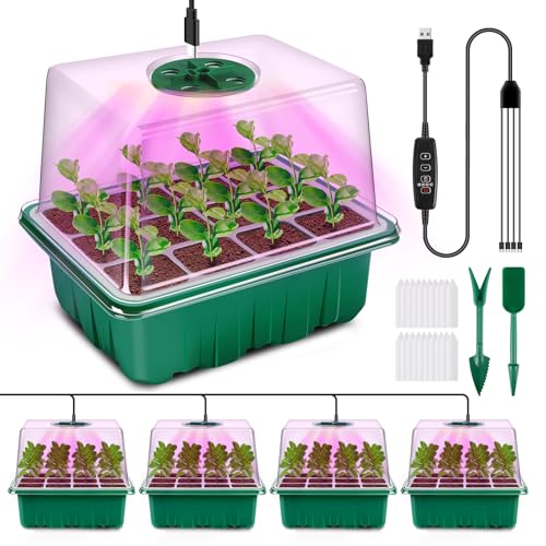 YAUNGEL Seed Starter Tray with Grow Light, 4 Pack Seed Starter Kit with Timing Controller Adjustable Brightness, Thicken Seedling Starter Trays with Humidity Domes Heightened Lids, Gift Box - color: Green, size: 4 Pack