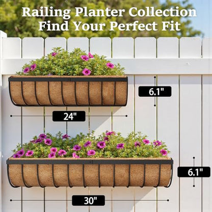 VOXOR Railing Planter Boxes, 24 Inch Window Boxes Planters, Balcony Planters with Adjustable Brackets & Coco Liner for Outdoor Fence, Deck, Porch, and Patio Gardening, 3 Pack - size: 24 Inch