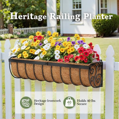 VOXOR Railing Planter Boxes, 24 Inch Window Boxes Planters, Balcony Planters with Adjustable Brackets & Coco Liner for Outdoor Fence, Deck, Porch, and Patio Gardening, 3 Pack - size: 24 Inch