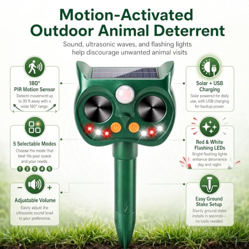 2 Pack Solar Ultrasonic Animal Repeller, Motion Sensor Deer Cat Deterrent