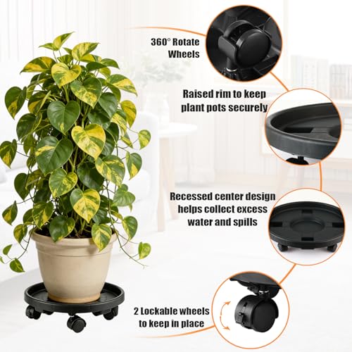4-pack 17.3" Extra-large Plant Caddy with Wheels Plastic Plant Dolly with Locking Caster Flower Pot Mover Rollers Wheeled Rolling Plant Stands Round Plant Saucer Indoor Outdoor Base Coasters Black - color: Classic black, size: 17.3"/ 4 packs