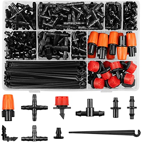 Drip Irrigation Fittings Kit for 1/4 Inch Tubing, 240 Pcs 1/4" Drip Line Barbed Connectors for Drip Systems - Nozzles,Micro Drips,Single Barbs,Tees,Couplings,Cross,End Plugs,Elbows,Hose Stakes - size: 4/7mm Drip Fittings Set-240P