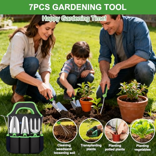 Yesker Gardening Tools 7-Piece Heavy Duty Garden Tool Set Gardening Supplies Gifts for Women Men Gardening Hand Tool Kit with Non-Slip Ergonomic Handle, Durable Garden Bag, Pruning Shears, Black Green - size: 7PCS Black Green