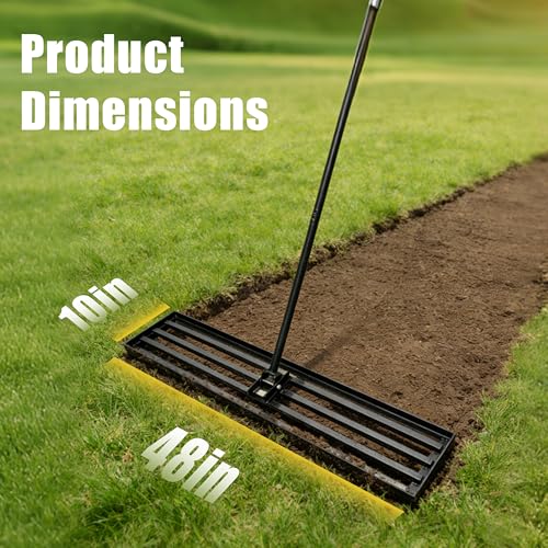 Lawn Leveling Rake, 48" Stainless Steel Head, Ergonomic Bent Handle, Level Soil & Sand, 6ft Long Handle for Yard, Garden, Sports Field - size: 48"x10"