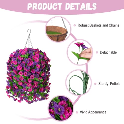 Artificial Flowers with Hanging Basket, Outdoor Faux Plants UV Resistant - color: Purple Red Violet