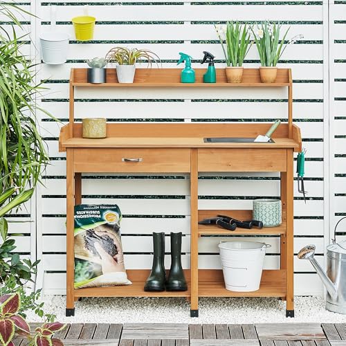 Yaheetech Potting Bench with Sink & Drawer, Outdoor Gardening Table, Wood - color: Wood