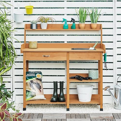 Yaheetech Potting Bench with Sink & Drawer, Outdoor Gardening Table, Wood - color: Wood