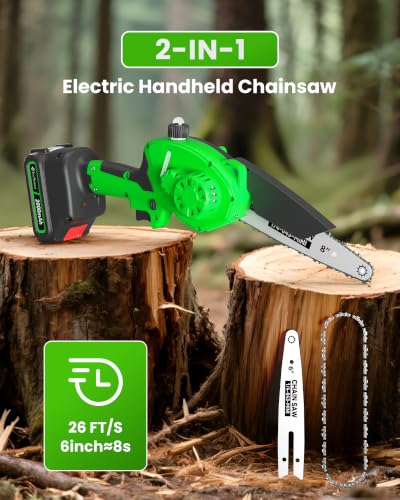 Mini Chainsaw with 1000W Brushless Motor, 8 inch & 6 inch 2 Batteries - color: Green
