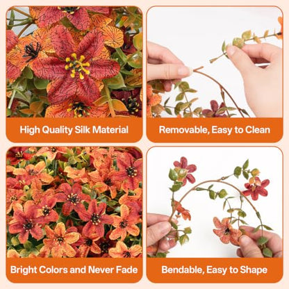 6 Pcs Artificial Hanging Mums for Outdoors, UV Resistant Fake Fall Flowers - color: Red Orange