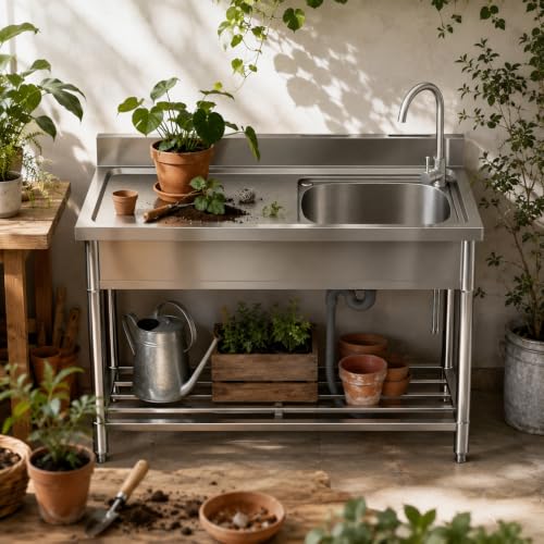 Potting Bench for Outdoor Garden, 47 Inch Stainless Steel Potting Table - size: 47 Inch