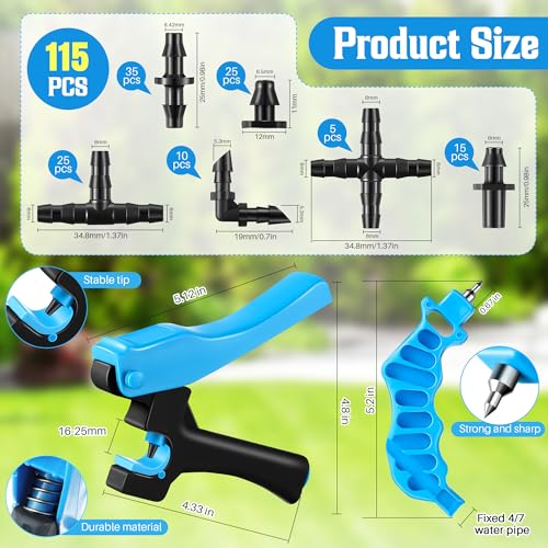 Feekoon Drip Irrigation Hole Punch Tool, 2 in 1 Drip Tubing Punch and Fitting Insertion Tool for 1/4 Inch Emitters, 16 20 25mm PE Pipe, Garden Repair(Blue,115 Irrigation Plugs) - color: Blue