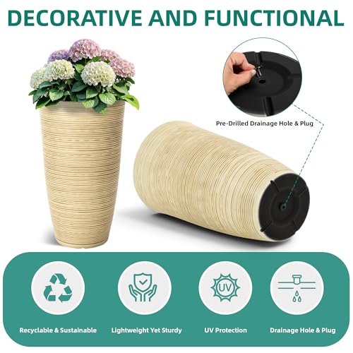 24" Large Outdoor Planters for Plants, Cream Beige Tall Flower Pots - color: 23.5"h-ivory Stripes Texture