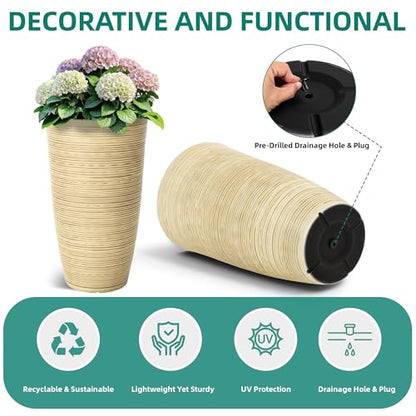 24" Large Outdoor Planters for Plants, Cream Beige Tall Flower Pots - color: 23.5"h-ivory Stripes Texture