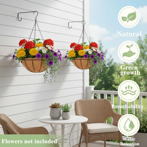 EIMQUVW Outdoor Metal Hanging Planters Basket (4pack, 10 inch) Hanging Baskets for Plants Chain Round Wire Plant Holder with Coco Fiber Liners for Garden, Patio, Deck, Porch - size: 10 Inch