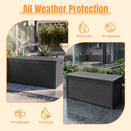 Outdoor Storage Box, 380 Gallon Waterproof Resin Deck Box with Support Rod - color: Black, size: 380 Gal
