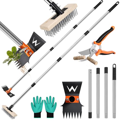 4-in-1 Weeding Tool with Hoe, Grabber, Pruning Shears & Scrub Brush,Garden Hoe & Weed Puller Tool with Long Handle,Dandelion Heavy Duty Uprooting Tool for Lawn Yard Garden - color: black