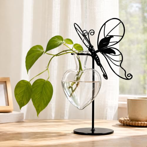 Butterfly Propagation Station with Heart Glass Vase & Metal Stand - color: Butterfly