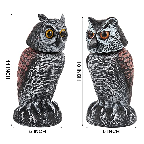 Hedoc 2 Pack Fake Owl Decoys to Scare Birds Away, Rotating Head Bird Deterrents, Nature Enemy Scarecrow Plastic Statues, Pest Repellent for Gardens and Patios - size: 10+11 Inch