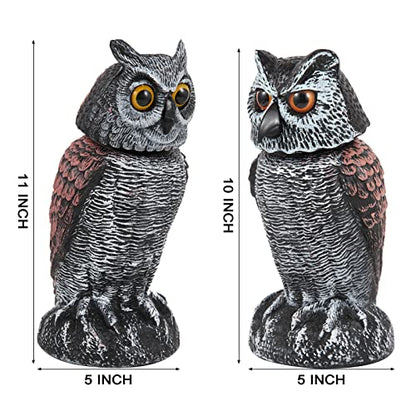 Hedoc 2 Pack Fake Owl Decoys to Scare Birds Away, Rotating Head Bird Deterrents, Nature Enemy Scarecrow Plastic Statues, Pest Repellent for Gardens and Patios - size: 10+11 Inch