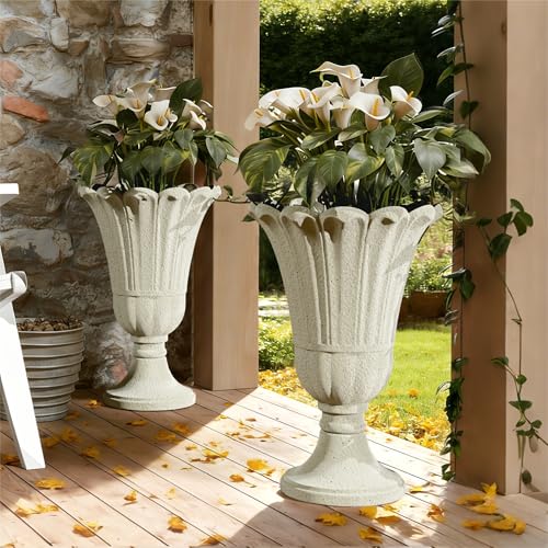 24" Tall Urn Planters for Outdoor Plants, Urns and Pedestal, Beige - color: Beige-sandblasting