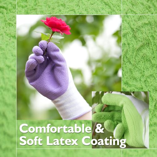Gardening Gloves, Bamboo Fiber, Touch, Breathable, Rubber Coated, Green & Purple, S to XL - size: Small