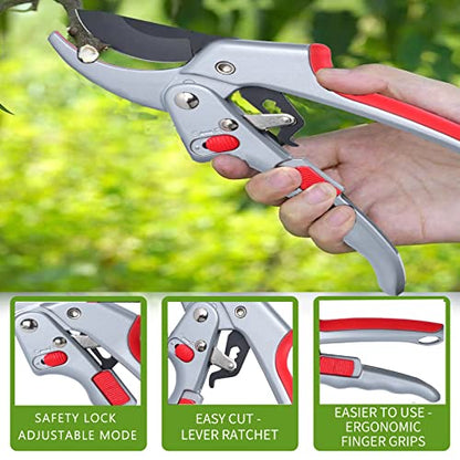 Garden clippers, premium Germany pruners, Work 3 times easier, professional ratchet pruning shears, cutting rose, flower, hedge, stem, tree, Sharp gardening scissors, Arthritis weak hand snips - color: Red/Silver